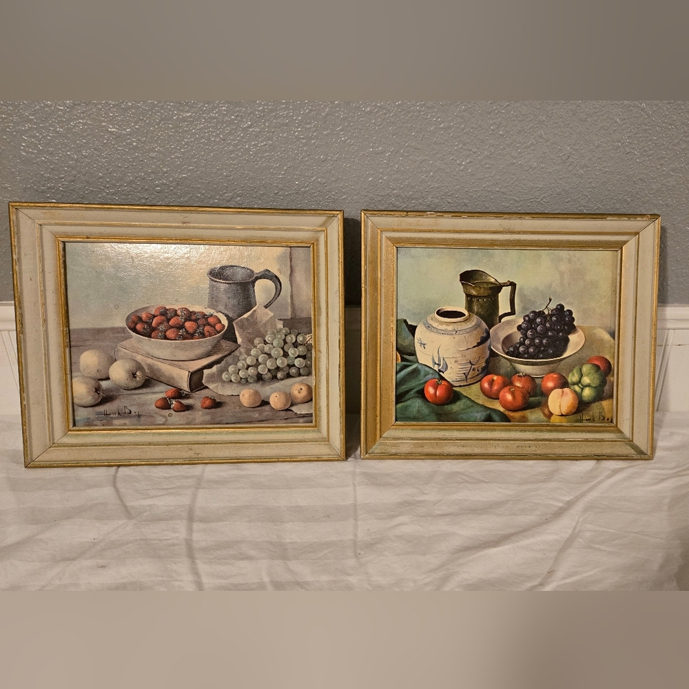 Vintage Henk Bos Still Life Fruit Framed Textured Print Lithography - Set Of Two